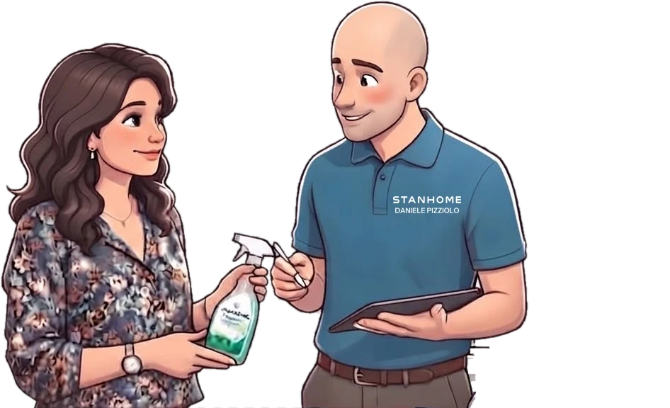 Daniele Pizziolo, consulente Stanhome, consiglia a una cliente quale prodotto usare e glielo porge